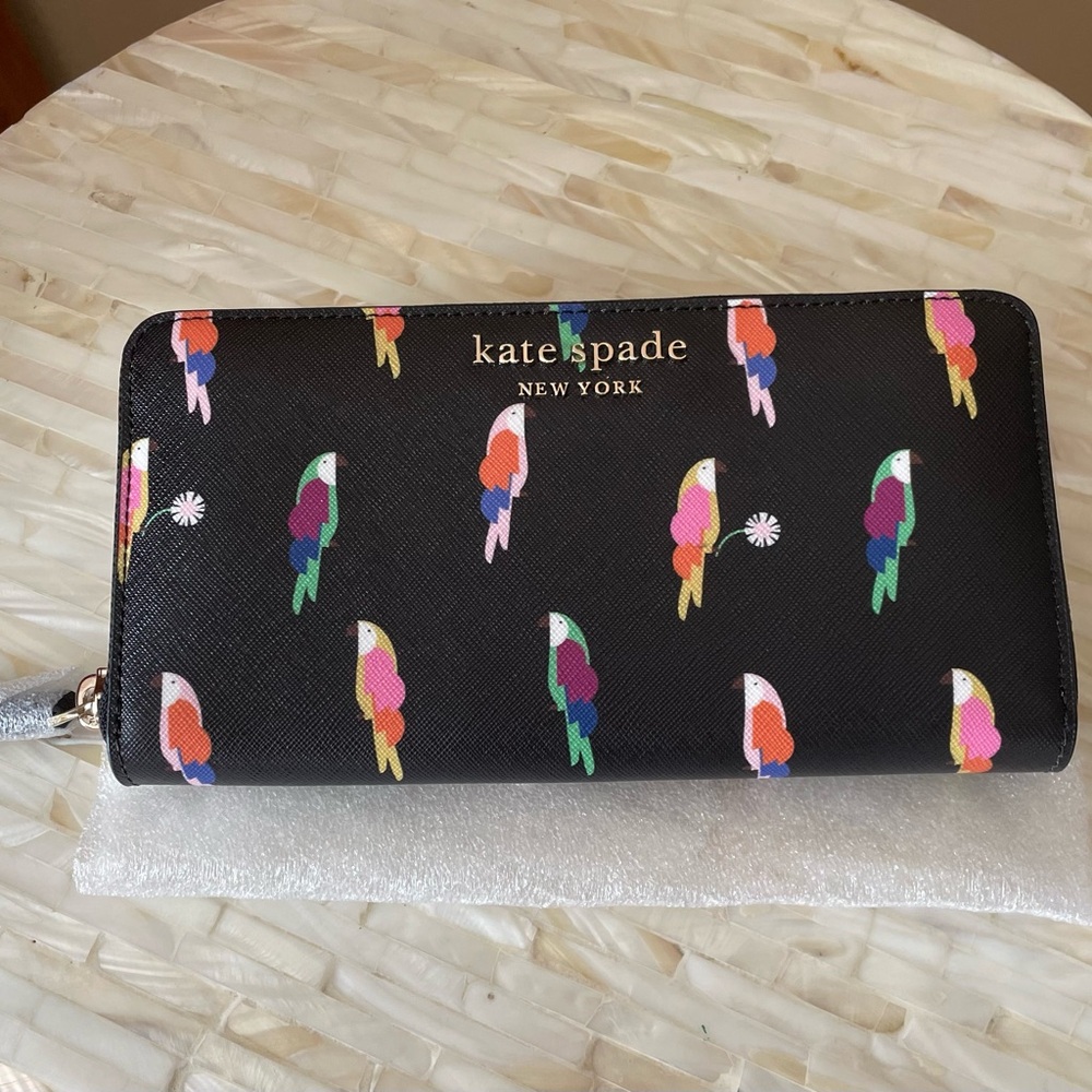 NWT Kate Spade Black Flock Wallet with Colorful Parrot Design